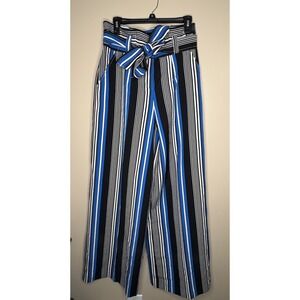 Womens 8 New York & Company Striped‎ Palazzo Pants Black Blue White Belted NWT